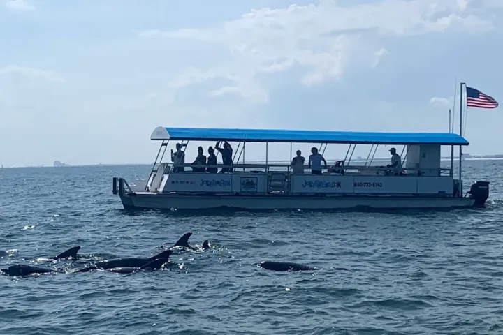 a blue and white boat floating on a body of water
