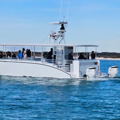 A white passenger boat with people on board cruising on a calm sea.