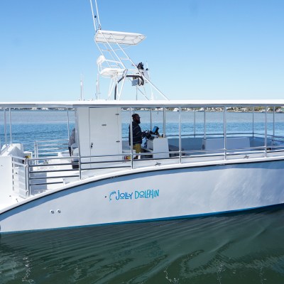 White tour boat with two outboard motors on blue water, cityscape in background.