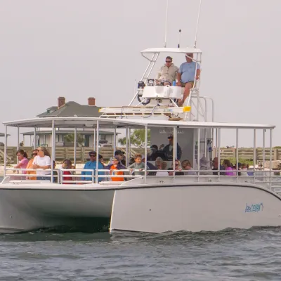 A tour boat with people onboard, near a shoreline with houses and a pier in the background.
