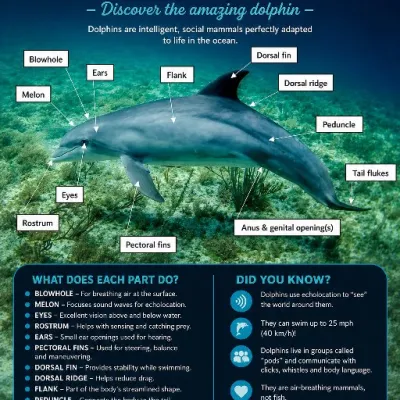 Infographic of dolphin anatomy with labels and descriptions on ocean background.