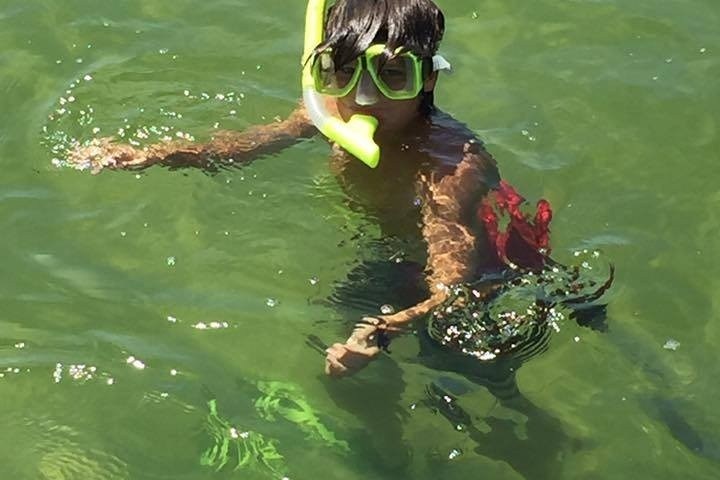 Child snorkeling in green water wearing a mask and fins.