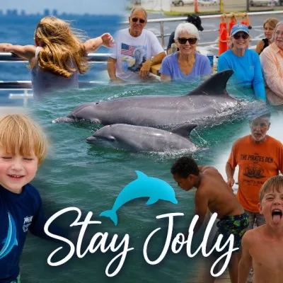 Collage of people enjoying dolphins at sea, with 'Stay Jolly' text.