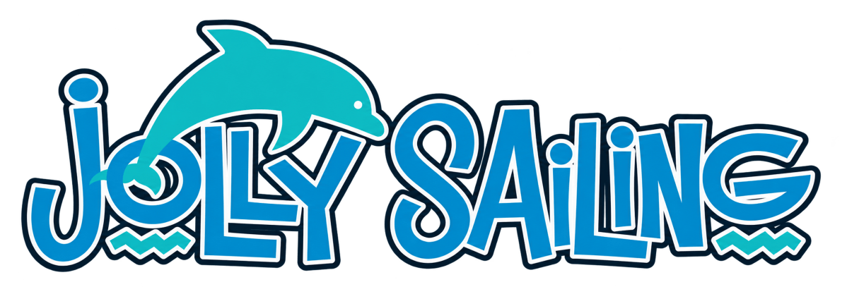 Logo with a dolphin above the words 'Jolly Sailing' in playful blue letters.